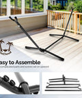 Heavy Duty Hammock Stand 450 Lbs Capacity, Adjustable Steel Frame For Indoor Outdoor Use, shown disassembled on a patio.