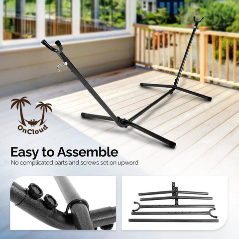 Heavy Duty Hammock Stand 450 Lbs Capacity, Adjustable Steel Frame For Indoor Outdoor Use, shown disassembled on a patio.