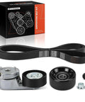 Jeep Serpentine Belt Drive Kit For 4.0L WJ Grand Cherokee And TJ Wrangler with belt, tensioner, and pulleys displayed
