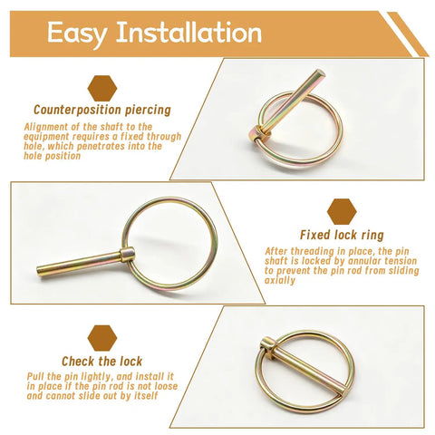 14 Piece Lynch Pin Set For 3 Point Hitch And Trailer, 4 Sizes Including 3/16x1-7/16, 1/4x1-3/4, 5/16x1-3/4, 7/16x1-3/4, Galvanized Carbon Steel Pins For Rust Resistance And Quick Replacement. Easy installation of a galvanized lynch pin with lock ring
