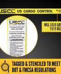 Label showing weight limits and safety information for Ultra Badass Heavy Duty J Hook Ratchet Straps For Hauling Cargo On Trailers And Pickups Two By Twelve Feet 10k Break Strength Yellow Polyester Tie Downs That Will Not Let You Down.