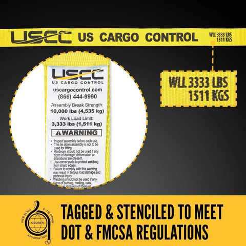 Label showing weight limits and safety information for Ultra Badass Heavy Duty J Hook Ratchet Straps For Hauling Cargo On Trailers And Pickups Two By Twelve Feet 10k Break Strength Yellow Polyester Tie Downs That Will Not Let You Down.