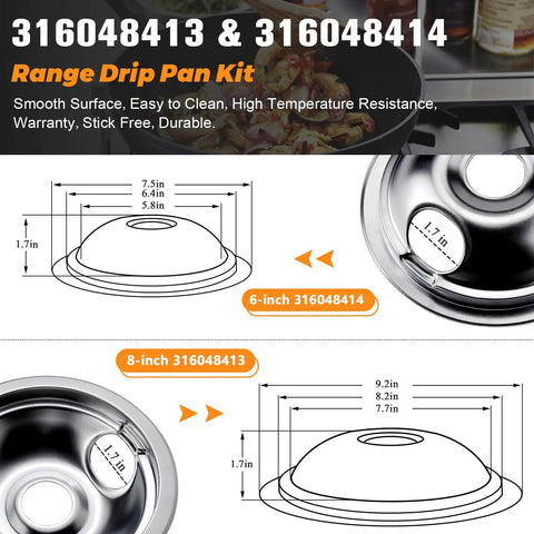 Diagram showing sizes of Electric Stove Burner Drip Pan Set Fits Frigidaire And Kenmore Electric Ranges with dimensions in inches.