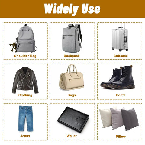 Image showing various items where the 80 Piece Zipper Stops Kit For Bags Backpacks Coats Jackets And Jeans Metal Zipper Repair Set With Size 3 5 8 10 Latches And Sliders Durable Retainers For Quick DIY Fixes can be used, including bags, backpacks, suitcases, jackets, boots, jeans, wallets, and pillows.