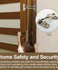 Heavy Duty Swing Bar Lock For Hinged Doors, Door Guard Latch For Child And Pet Safety, features brushed nickel finish, installed on a wooden door. Durable Steel Construction Keeps Curious Kids And Pets Safe At Home is visible.