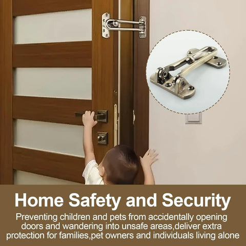 Heavy Duty Swing Bar Lock For Hinged Doors, Door Guard Latch For Child And Pet Safety, features brushed nickel finish, installed on a wooden door. Durable Steel Construction Keeps Curious Kids And Pets Safe At Home is visible.