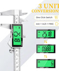 6 Inch Digital Caliper With Large Backlit LCD Display, showing 3 unit conversions, stainless steel tool for precise DIY measurements.