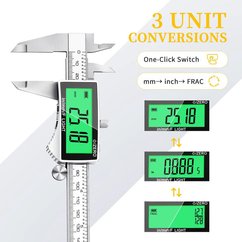 6 Inch Digital Caliper With Large Backlit LCD Display, showing 3 unit conversions, stainless steel tool for precise DIY measurements.