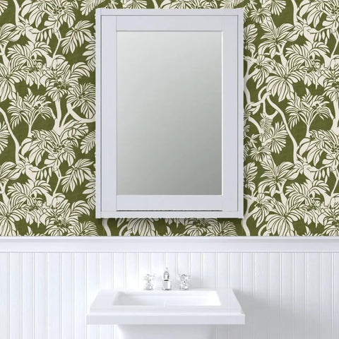 Top Notch Type II Professional Tropical Jungle Wallpaper Featuring Hella Durable Matte Finish and Subtle Linen Texture in green.