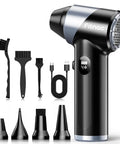 Cordless Air Duster With 310000 RPM Turbo Motor LED Light And Four Gear Turbo Fan, multiple nozzles and brushes displayed