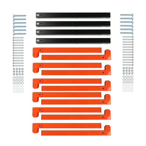 Components of Beefy Heavy Duty Lumber Storage Wall Rack Set With 3 Level Wood Organizer Mount, screws and rack arms visible
