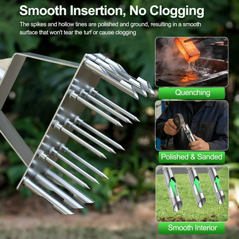 Two In One Lawn Aerator And Core Aerator Tool With Nine Spikes And Six Cores In Stainless Steel showing polished spikes and cores.