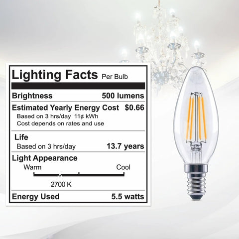 12 Pack LED E12 Candelabra Filament Bulbs 60W Equivalent Dimmable Clear Vintage Style 2700K Warm White Energy Saving Chandelier