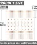 Diagram showing Pro Grade PCB Solder Pad Sheet with 208 repair spots, 1.11 inch x 0.25 inch, for microsoldering and jump wires.
