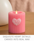 Flickering Flameless Pillar Candle 3.7x4.5 Inches With Real Flame Effect Pink Ribbed Wax Embossed Heart LED Light