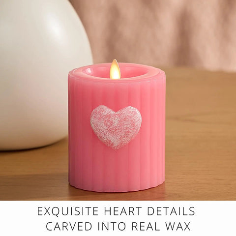 Flickering Flameless Pillar Candle 3.7x4.5 Inches With Real Flame Effect Pink Ribbed Wax Embossed Heart LED Light