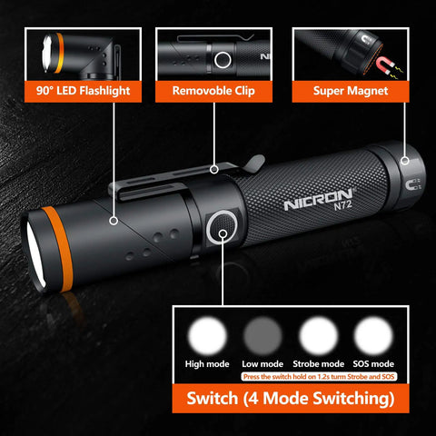 90 Degree Tactical Flashlight With Dual Fuel And Dual Cycle Switch 800 Lumens IPX4 Waterproof LED Torch with four modes shown