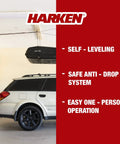 Garage Ceiling Hoist System 4-Point For 10ft Ceilings shown lifting a cargo box above a parked SUV in a garage.
