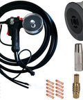 Heavy Duty 200 Amp Aluminum Spool Gun For Mig Torch Welders With 16.4 Ft Cables Fits Miller 210 Spoolmate 3035 Includes 0.8mm Wire And 20 Tips For Smooth Aluminum And Stainless Welding components displayed.