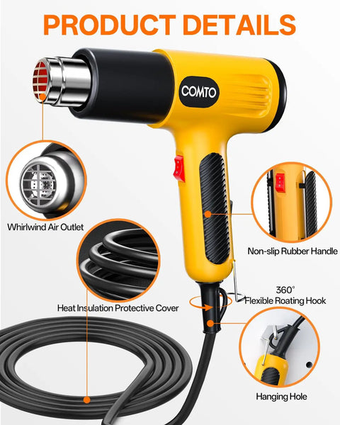 1600W Heat Gun With Dual Temp Settings And Quick Heat For Delicate Crafts And Heavy Duty Jobs, detailed with accessories.