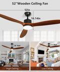 52 Inch Indoor Outdoor Ceiling Fan With Remote And Lights Quiet Noiseless AC Motor 3 Solid Rubber Wood Blades