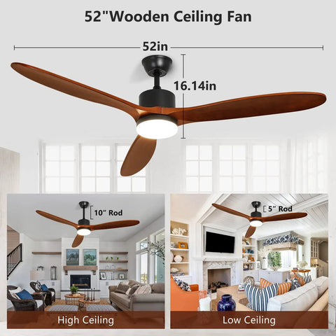 52 Inch Indoor Outdoor Ceiling Fan With Remote And Lights Quiet Noiseless AC Motor 3 Solid Rubber Wood Blades