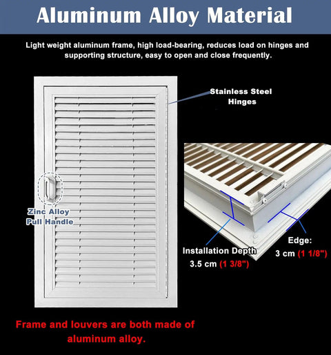 Heavy Duty Aluminum Wall Access Panel With Secure Magnetic Latch And Crisp White Louvered Vents For No Sweat Drywall Inspection And Top Shelf Airflow Control 36 By 48 Inch with stainless steel hinges.