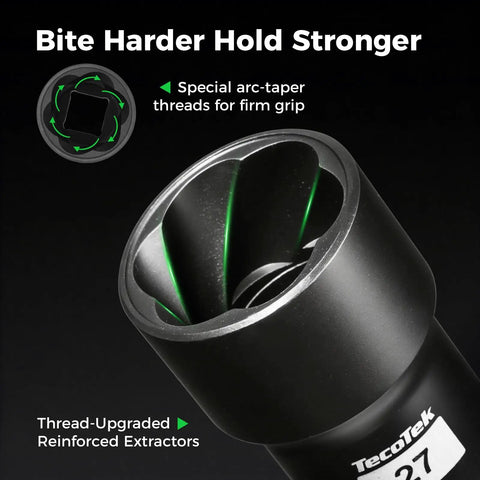 Close-up of Heavy Duty Impact Bolt And Nut Extractor Kit 25 Pcs with reinforced extractor and arc-taper threads.