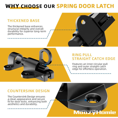 Heavy Duty Self Closing Gate Latches Matte Black Rust Proof Slide Bolt design features, showcasing thickened base and countersink design.