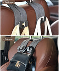 4 Pack Leather Car Headrest Hooks With Double Hooks Rotating 360 Degree Backseat Organizer Hangers For Purses And Bags No More Backseat Clutter Gentle On Seats Nonmarking Black, shown attached to brown car seats holding bags.