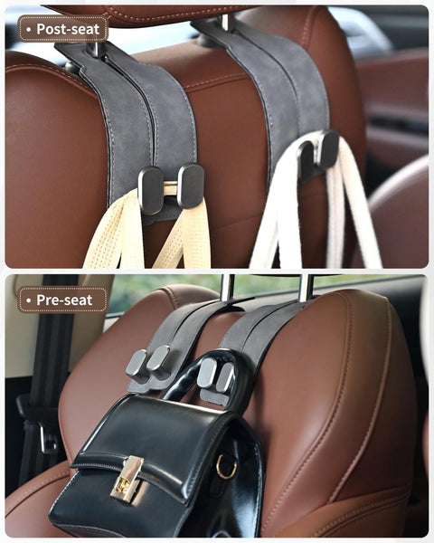 4 Pack Leather Car Headrest Hooks With Double Hooks Rotating 360 Degree Backseat Organizer Hangers For Purses And Bags No More Backseat Clutter Gentle On Seats Nonmarking Black, shown attached to brown car seats holding bags.