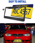 Real Carbon Fiber License Plate Frame With Stainless Steel Core displayed with anti-theft screw caps and a rattle-proof pad