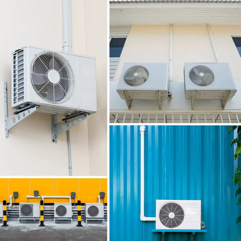 Collage of outdoor heat pumps with beige 3 Inch Wide 16.1 Ft Line Set Cover Kit For Mini Split Air Conditioners on various buildings