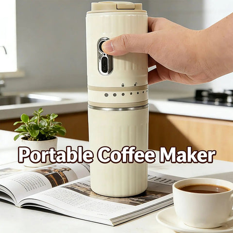 Portable Travel Coffee Maker With Built In Grinder 16 Oz Brew Cup One Touch Manual Drip Brewer in hand on kitchen counter.