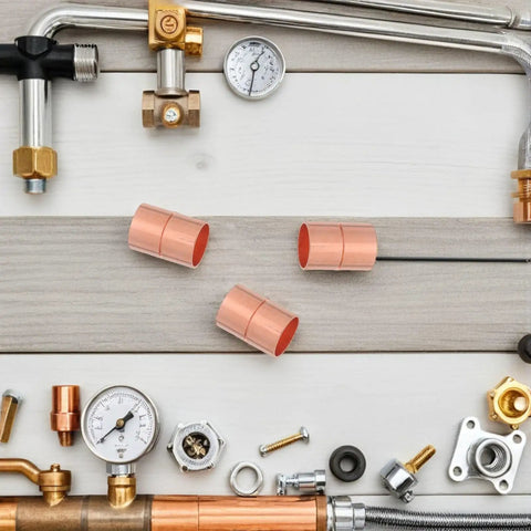 Premium Copper Coupling Fittings 0.59 Inch Straight Pipe Connectors with Grooved Stop Mechanism on work surface.