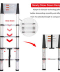 12.5 Foot Telescoping Ladder With One Button Retraction Aluminum Extendable Ladder Lightweight And Easy Fold Soft Close Design Portable For Home DIY And RV Tasks 330 Pound Capacity showing slow down technology