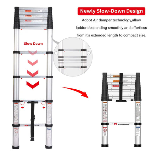 12.5 Foot Telescoping Ladder With One Button Retraction Aluminum Extendable Ladder Lightweight And Easy Fold Soft Close Design Portable For Home DIY And RV Tasks 330 Pound Capacity showing slow down technology