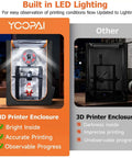 Comparison of Lit LED Lighted 3D Printer Enclosure with clear view of printing progress and competitor model with dim lighting.