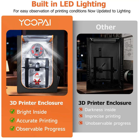 Comparison of Lit LED Lighted 3D Printer Enclosure with clear view of printing progress and competitor model with dim lighting.