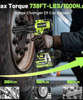 Heavy Duty Cordless Impact Wrench Delivers 1000 Nm Torque And 738 ft-lbs for tire repairs, featuring battery and torque scale.