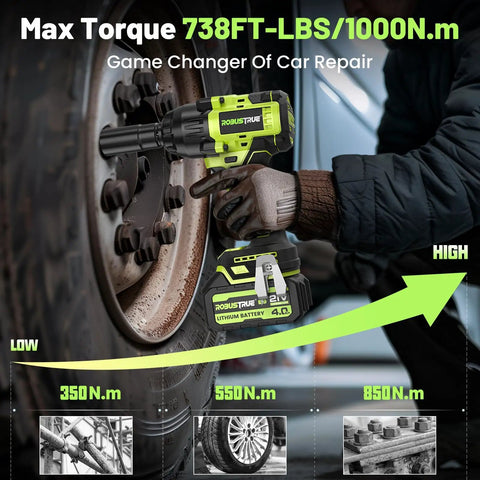 Heavy Duty Cordless Impact Wrench Delivers 1000 Nm Torque And 738 ft-lbs for tire repairs, featuring battery and torque scale.