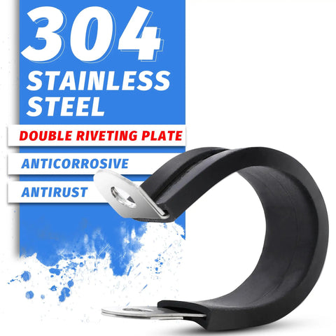 Stainless Steel Cable Clamps Kit With Rubber Cushioned Insulated Clamps Loop And Pipe Clamps close-up with 304 steel label