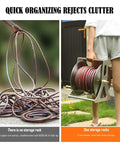Before and after image of messy hose versus Heavy Duty Wall Mount Garden Hose Reel With Removable Hose Box For Outdoor Yard Tidying.