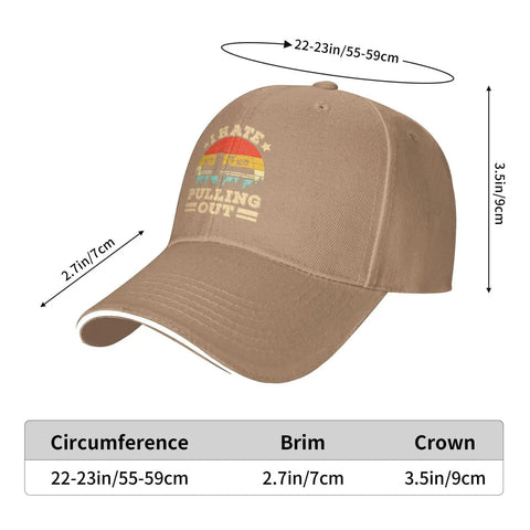 I Hate Pulling Out Funny Camper RV Camping Trailer Cap for Men and Women, tan color, size details, breathable polyester, curved brim