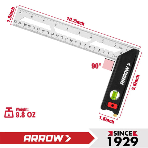 Rock Solid 10 Inch Try Square With Beefy Stainless Steel Blade Delivering Dead On Accuracy, 10.2-inch size for precision measurements.
