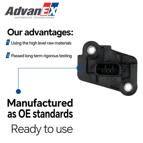 Mass Air Flow Sensor MAF Direct Fit Works With Infiniti QX60 And Nissan Altima Juke Kicks Maxima Murano Pathfinder Rogue Sentra Versa Replaces 22680BV80B 22680-5RF0A AFH60M-48 shown with OE standards design and rigorous testing details.