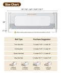 Heavy Duty Toddler Bed Rail Guard For Full Beds Built Tough Thickened And Reinforced Aluminum Safety Rail With Height Adjustment And Double Locking System White And Gray Easy Install Kid Proof Durable Sleep Guard size chart with bed width, height, and length specifications.