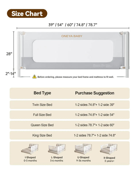 Heavy Duty Toddler Bed Rail Guard For Full Beds Built Tough Thickened And Reinforced Aluminum Safety Rail With Height Adjustment And Double Locking System White And Gray Easy Install Kid Proof Durable Sleep Guard size chart with bed width, height, and length specifications.