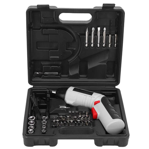 Kickass Compact Cordless Drill Driver Kit Boasts A Super Sleek Body With A Beast Mode 4.2V Lithium Battery And Powerful Led Work Light For Blazing Fast Drilling On Every Home Job in black case with multiple bits.