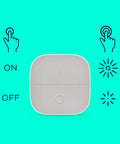 Portable Smart Button Wireless Light Switch with app control, battery-powered, visible button, icons for on, off, and dim.
